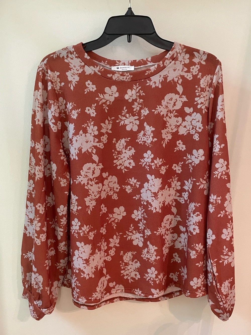 BOMBOM | Rust Burnt Orange Floral Print Sweater with Drapey Bishop Sleeves